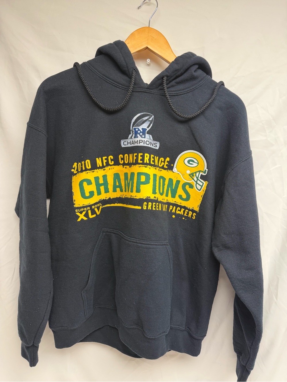 Vintage Champion Black Hoodie with Yellow & Green Championship Graphic